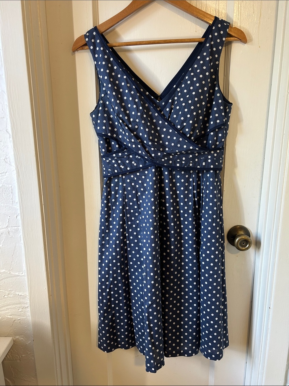 Nine West Navy and White Polka Dot Sleeveless Waist Defined Midi Dress